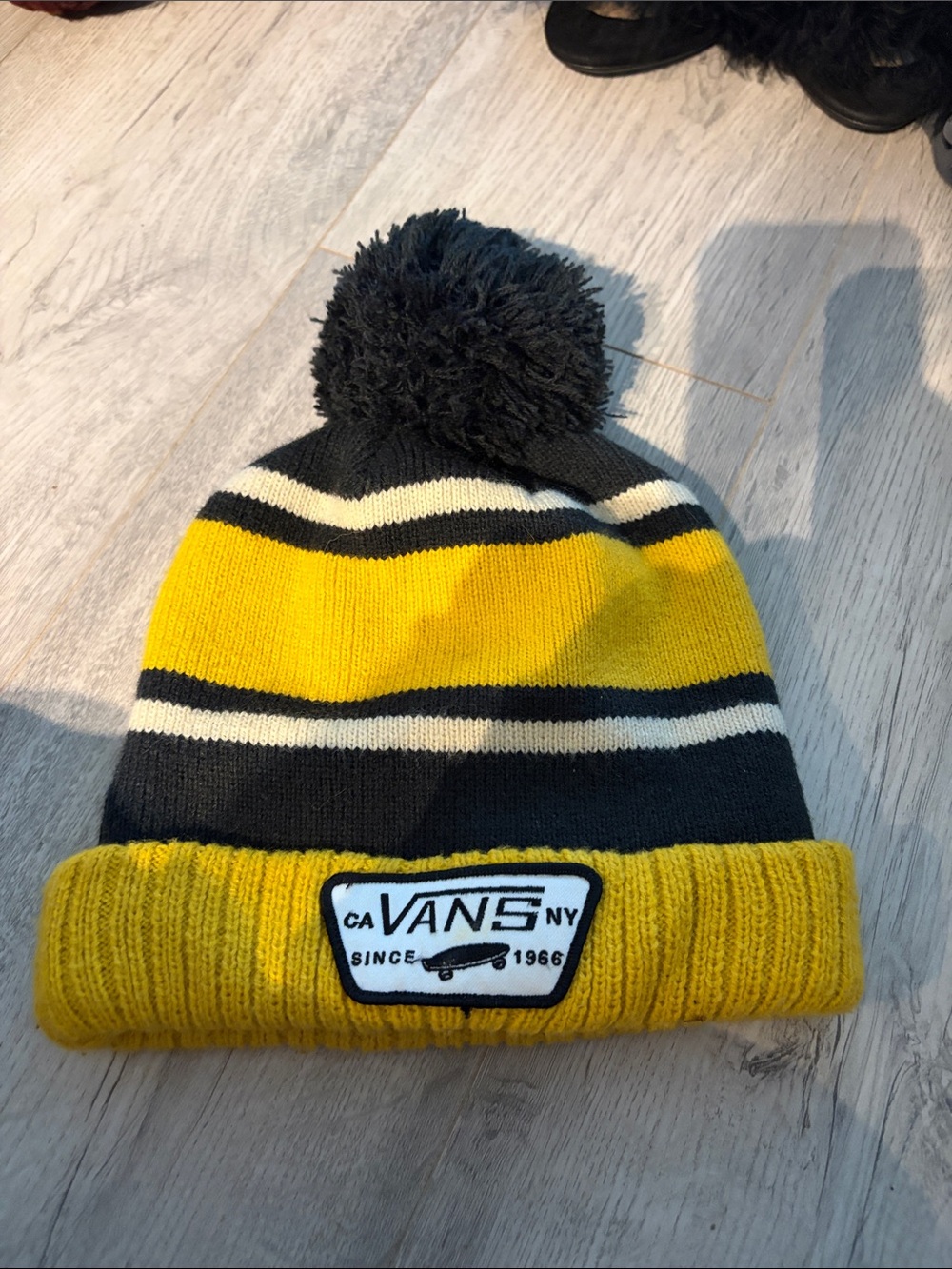 Vans Yellow, Black & White Striped Pom Beanie